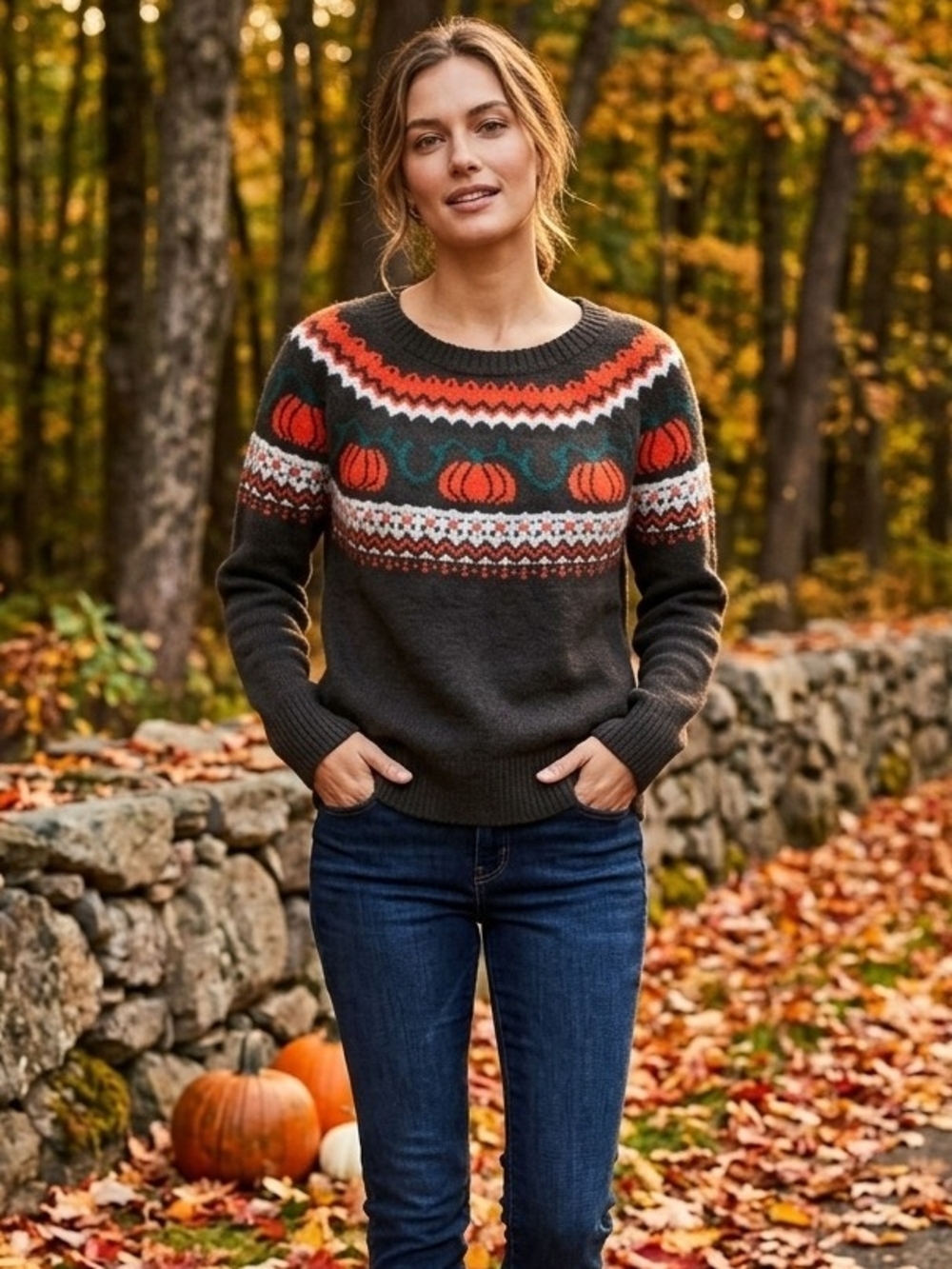 Vince Camuto Brown Pumpkin Fair Isle Crewneck Sweater